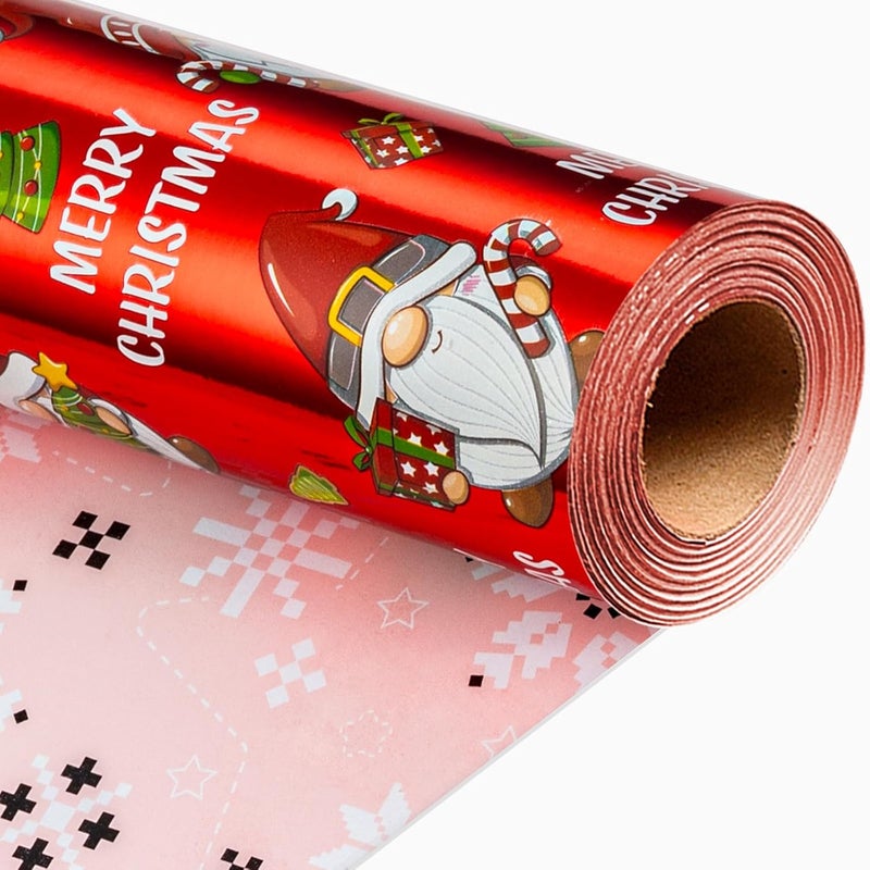 Retrify Christmas Wrapping Paper - 17 Inch x 32.8 Feet Mini Roll - Cute Gnome Snowflake Metallic Red Gift Wrap Paper for Holiday Shower Party Celebration - Image 1